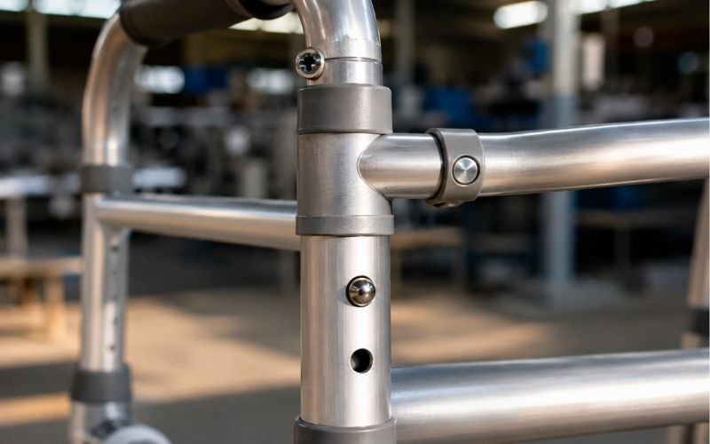 Secure push button folding mechanism on a heavy duty aluminum medical walker