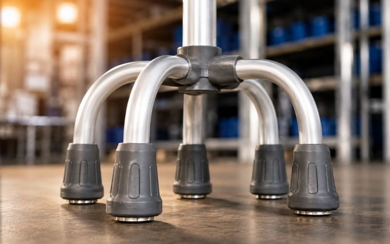 Steel reinforced rubber ferrule tips on a heavy duty aluminum quad base medical cane