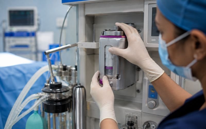 Surgical nurse preparing the vaporizer on an anesthesia machine
