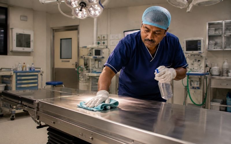 Indian hospital sanitation worker cleaning a stainless steel surgical table