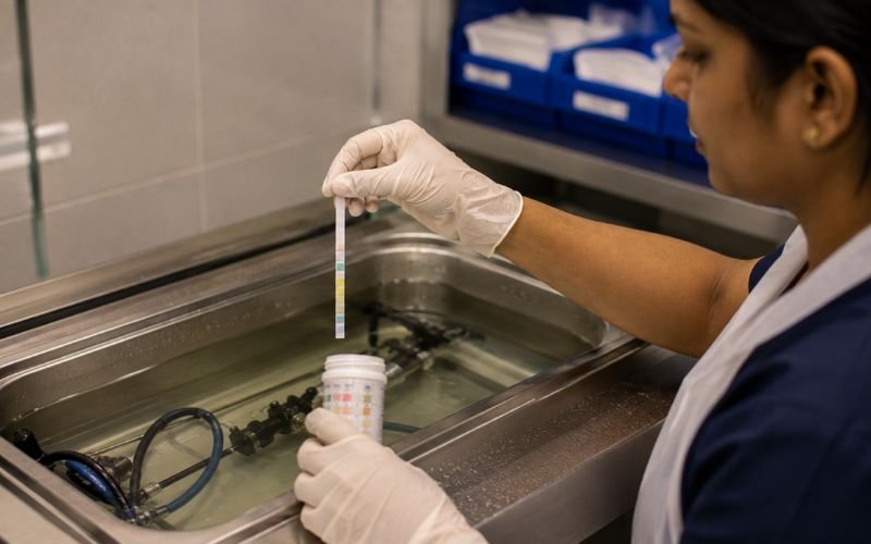 Indian nurse using a test strip to verify OPA disinfectant concentration