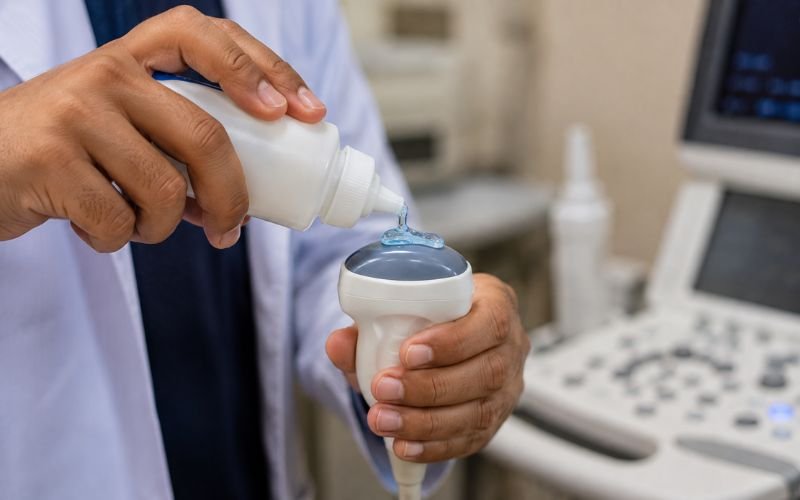 Doctor applying gel to a convex ultrasound probe for a patient examination