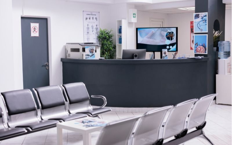 Antimicrobial upholstery and steel frame detail on hospital waiting room chair