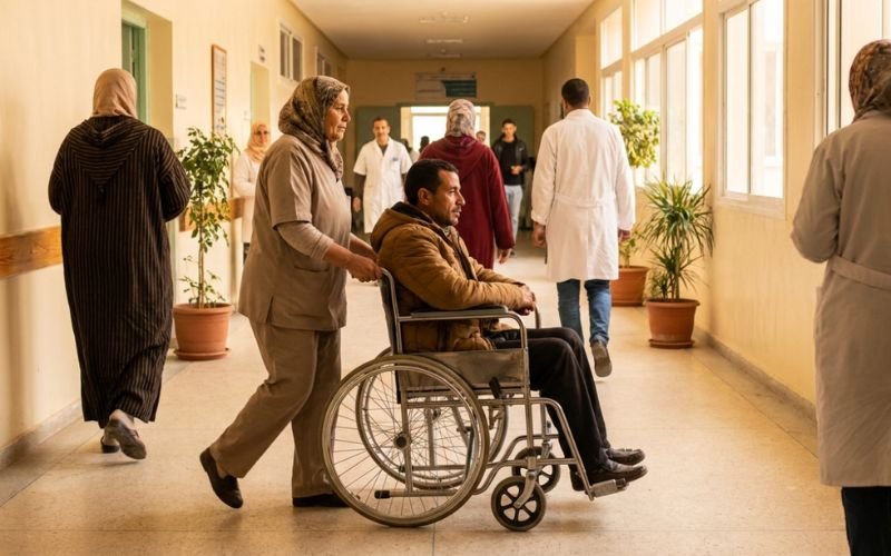 Caregiver assisting patient with wheelchair mobility in South Africa and Egypt hospital