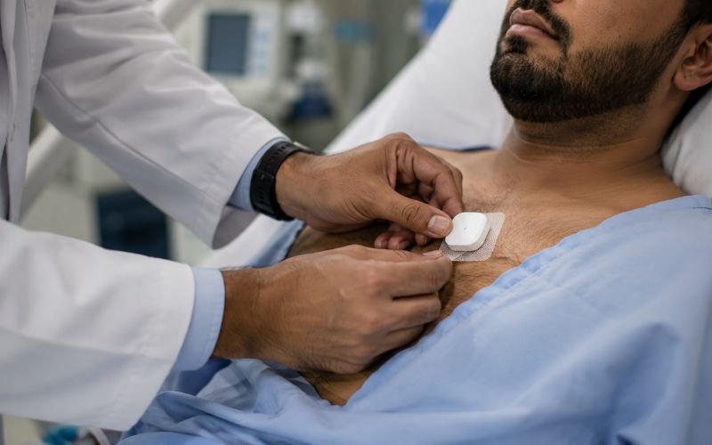 Middle Eastern doctor attaching a wireless wearable health sensor to a patient