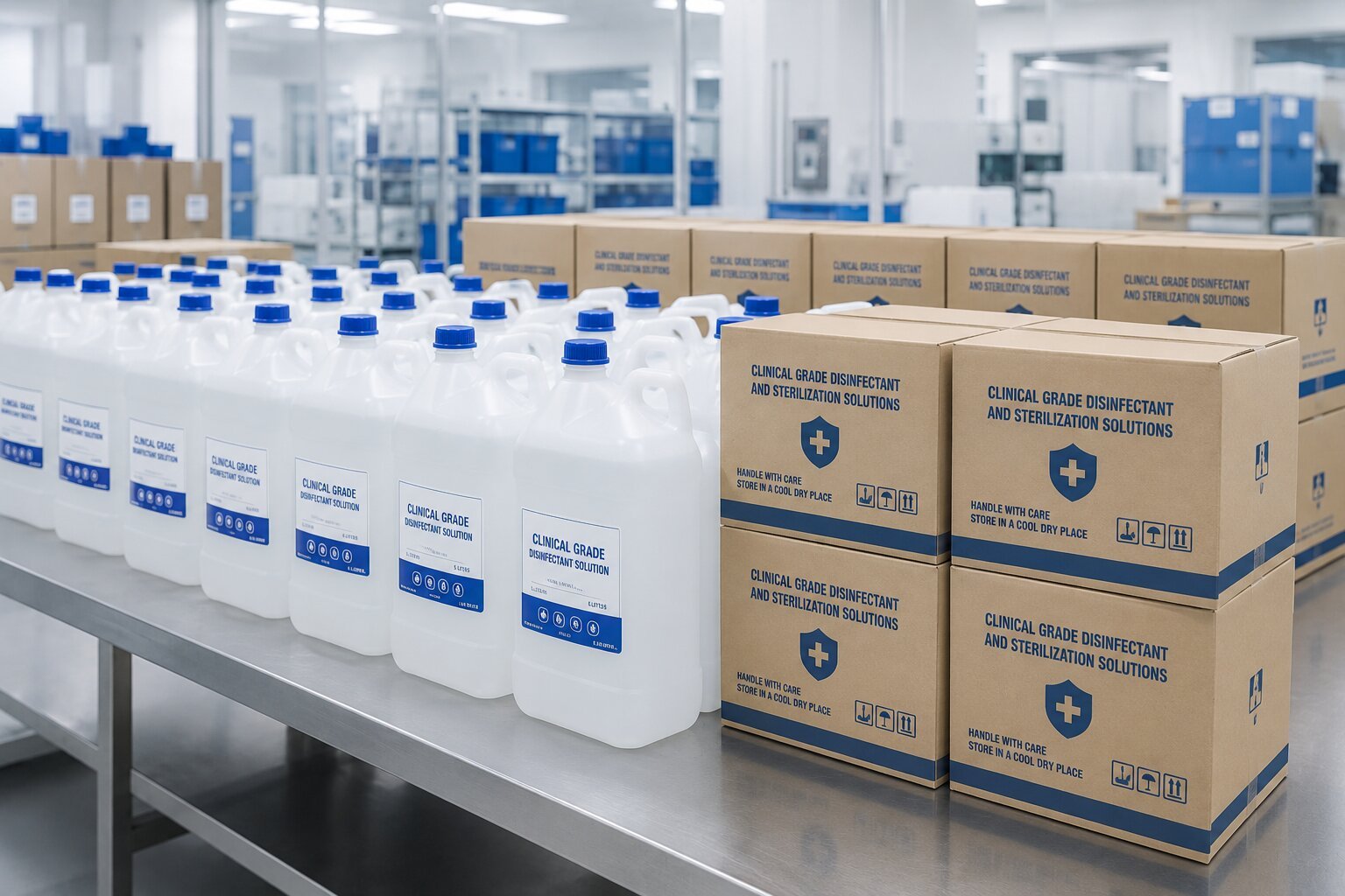 Wholesale supply of clinical-grade chemical disinfectants and sterilization solutions, packaged in heavy-duty HDPE jugs and staged on a stainless steel table for international export.