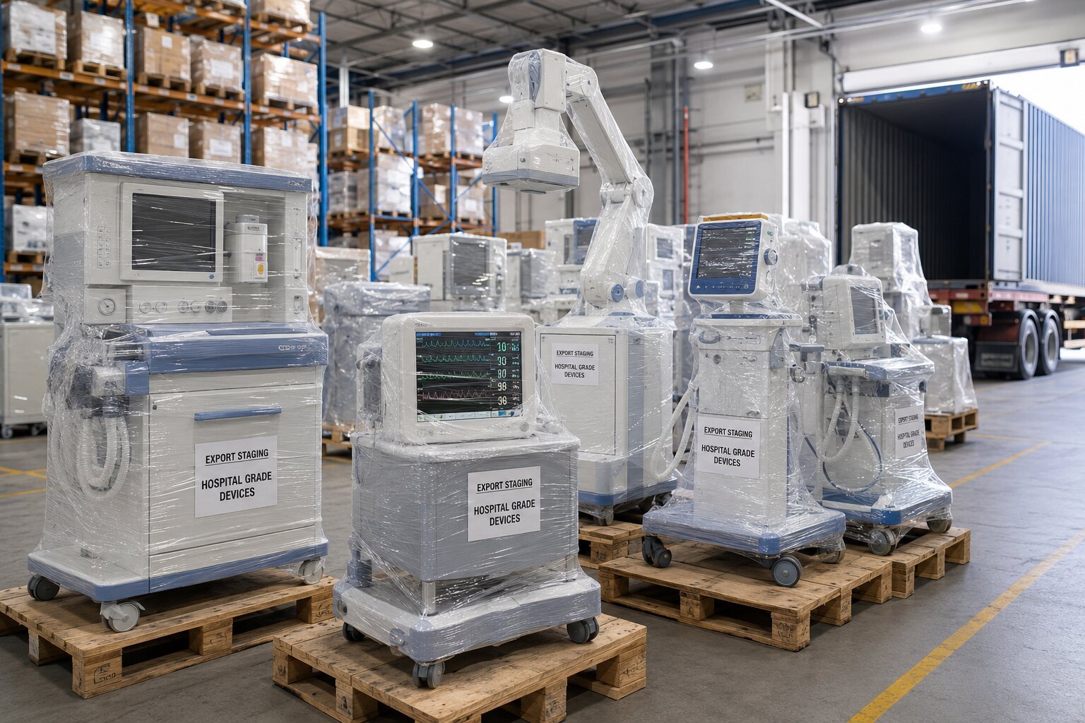 Staged commercial export of certified medical equipment, including generic anesthesia systems, patient monitors, ventilators, and mobile X-ray units on heavy-duty pallets in a logistics warehouse.