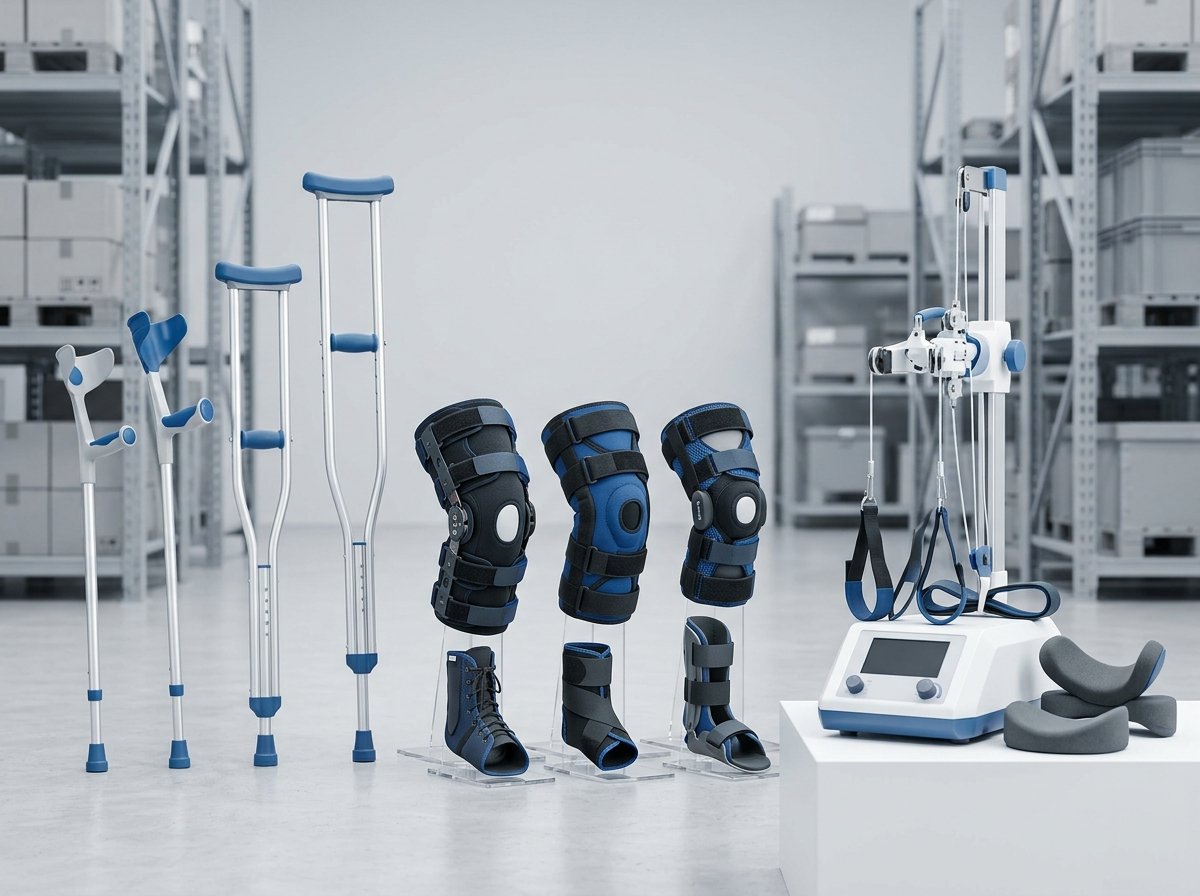 Wholesale supply of clinical orthopedic and rehabilitation aids, including adjustable crutches, joint braces, and traction devices, staged for international export.