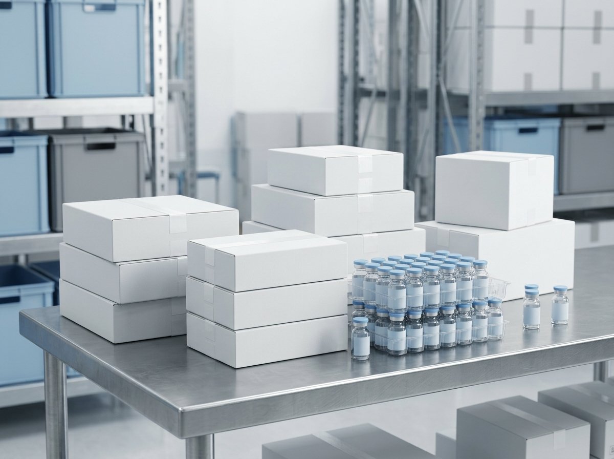 Bulk generic pharmaceutical packaging and medical vials staged for international export distribution