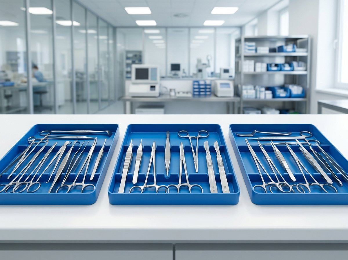 Organized wholesale layout of precision stainless steel surgical instruments and tools staged for quality control and international export.