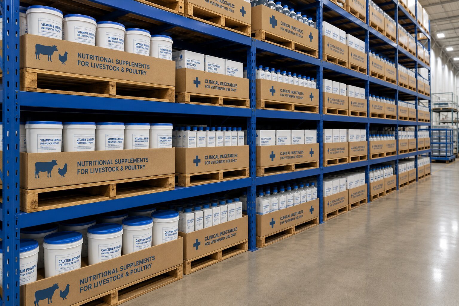 High-volume commercial warehouse racking stocked with bulk veterinary medicines and agricultural feed supplements ready for global export distribution.