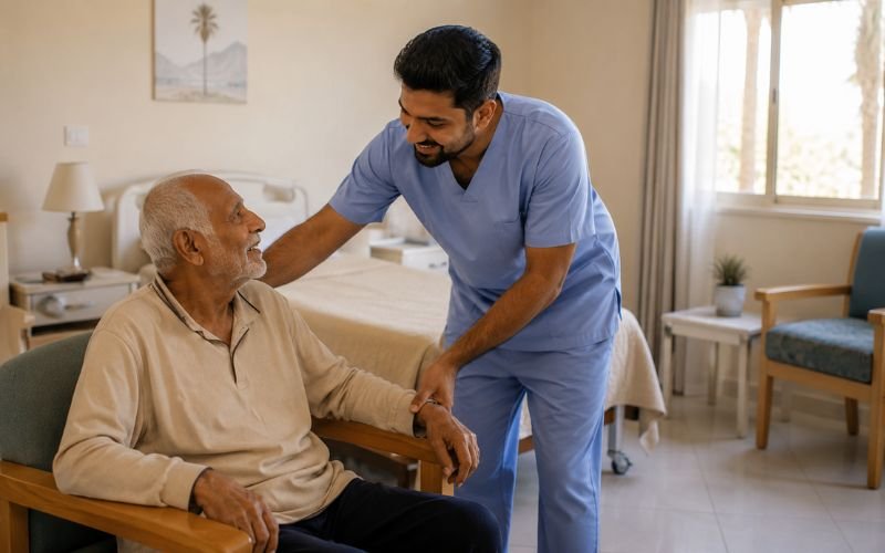 Caregiver supporting elderly patient using adult diapers in Nigeria and Kenya care home