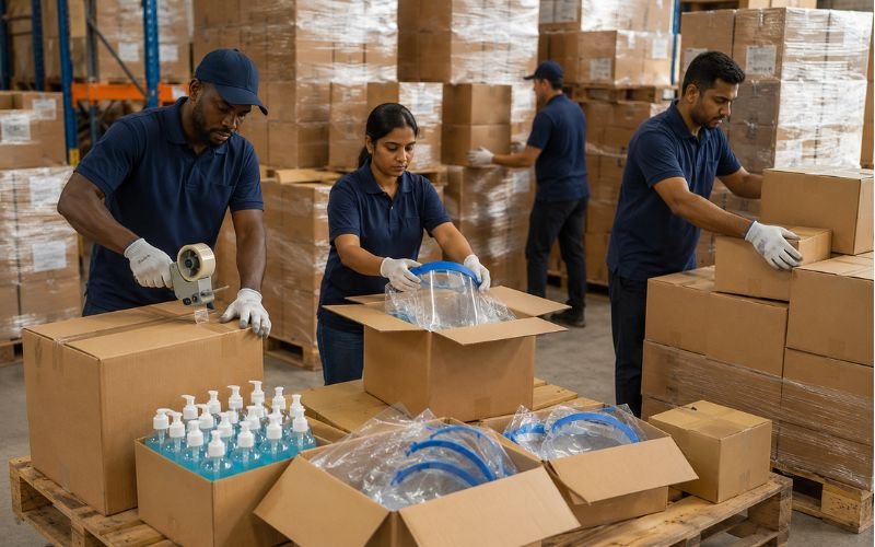 Warehouse packing of face shields and hand sanitizers for export shipment