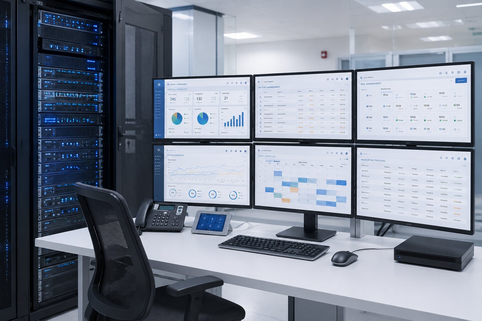 Scalable digital infrastructure and hospital management software systems set up in a modern clinical command center.