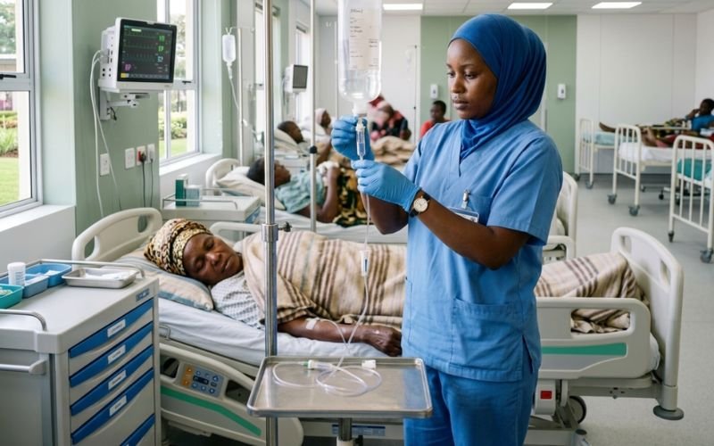 Nurse preparing IV infusion using catheter and cannula supplies in Nigeria and Kenya hospital