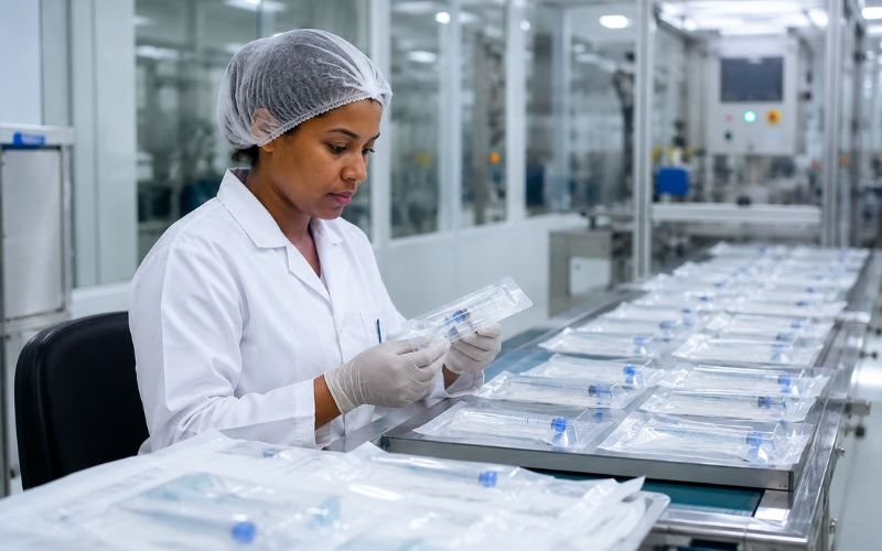 CE and ISO 13485 quality control check of catheters and syringes before export