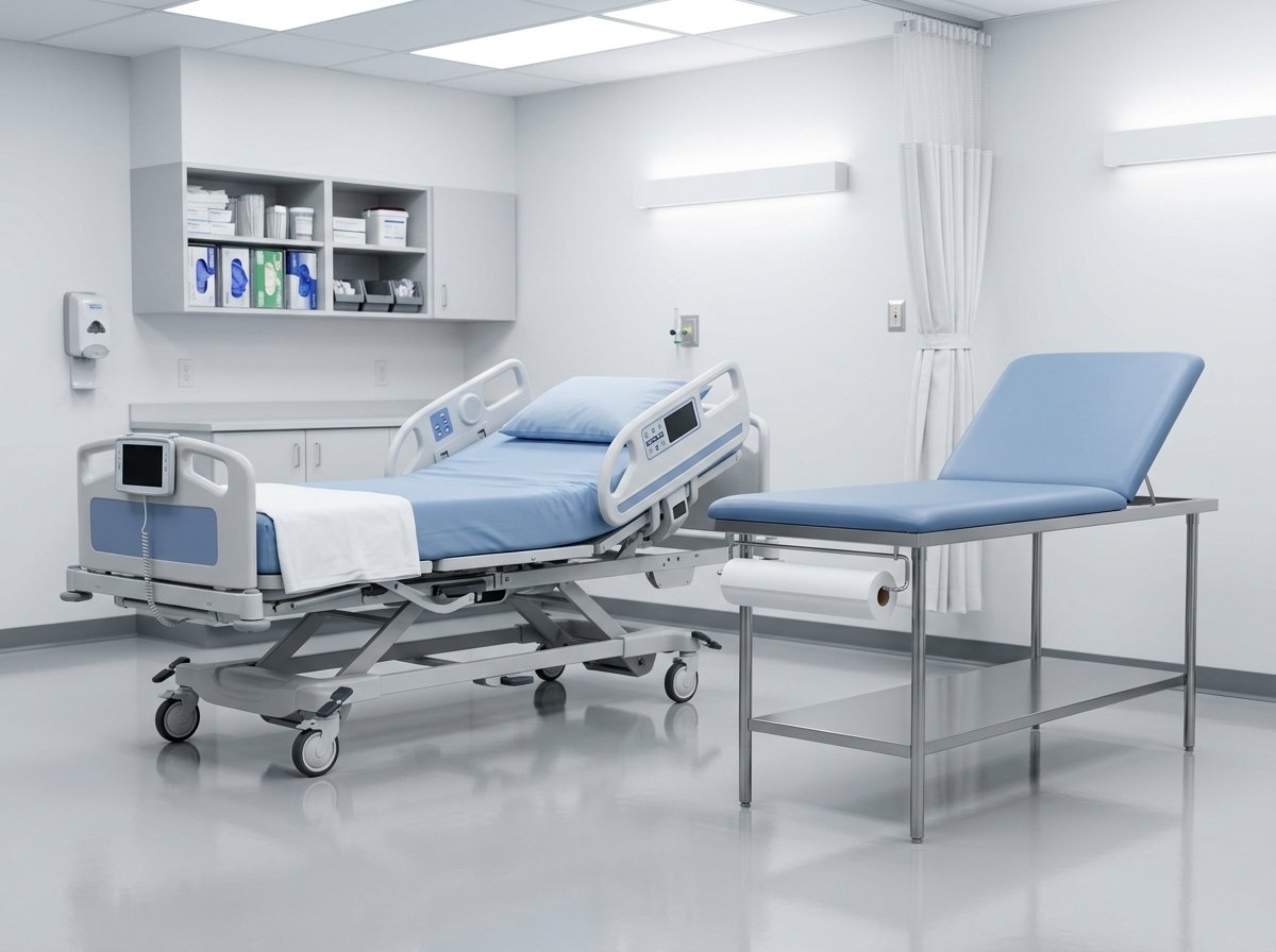 Premium institutional-grade hospital furniture, including modern ICU beds and examination tables, staged in a pristine clinical showroom for wholesale supply.