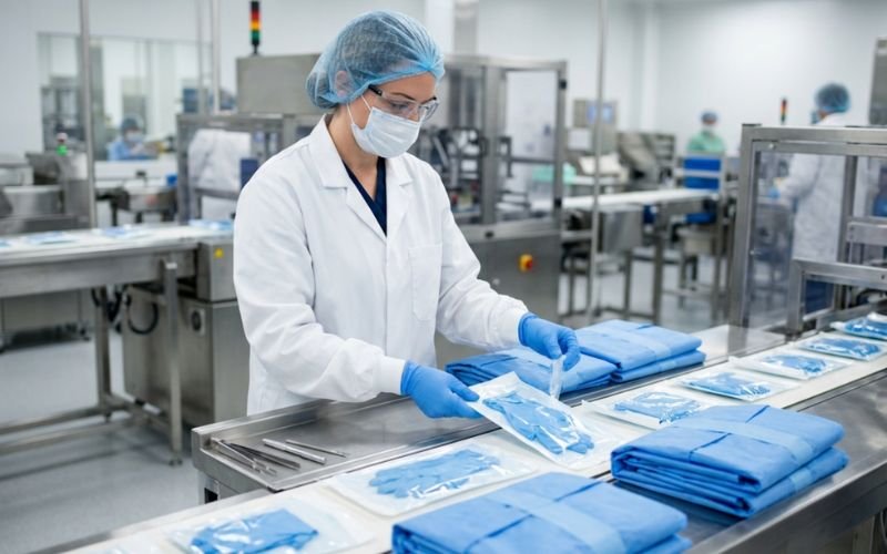 CE and ISO 13485 quality control check of surgical gloves and gowns before export