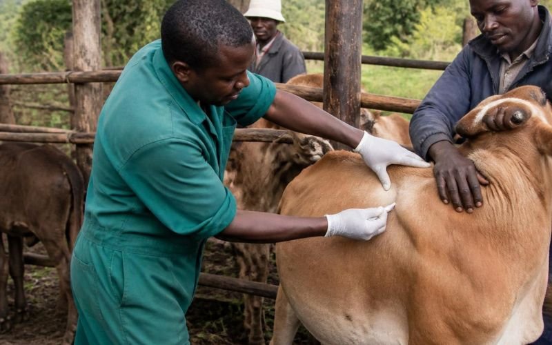 Veterinarian treating cattle with antibiotics and deworming medicine in Kenya and Tanzania
