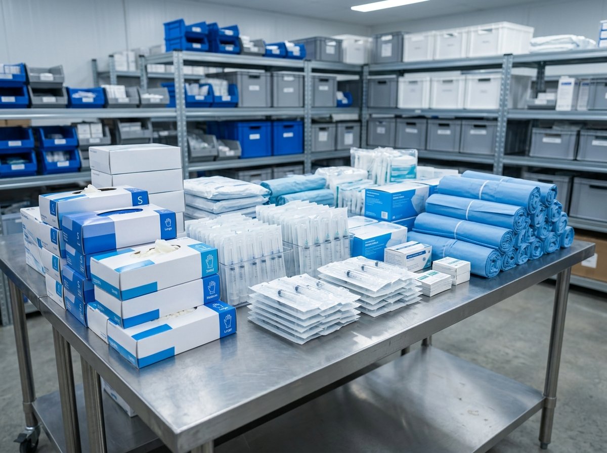Organized supply of wholesale hospital consumables including surgical drapes and boxed medical gloves.