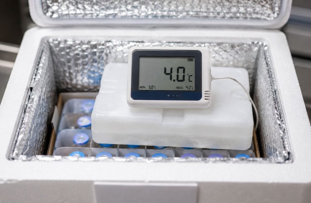 Temperature-monitored cold chain shipping for cancer medicines before export