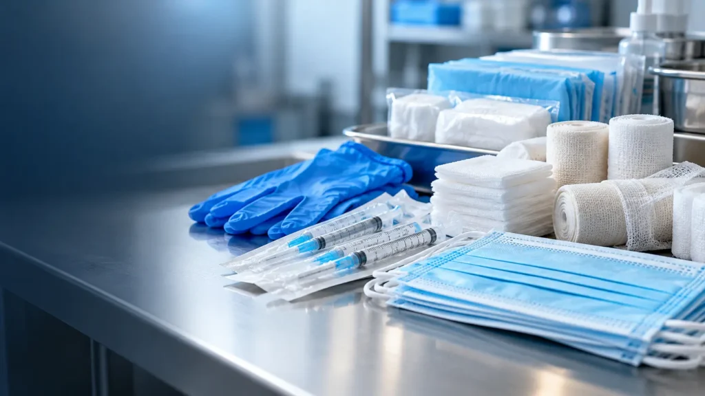 Assorted medical consumables including gloves, syringes and wound dressings