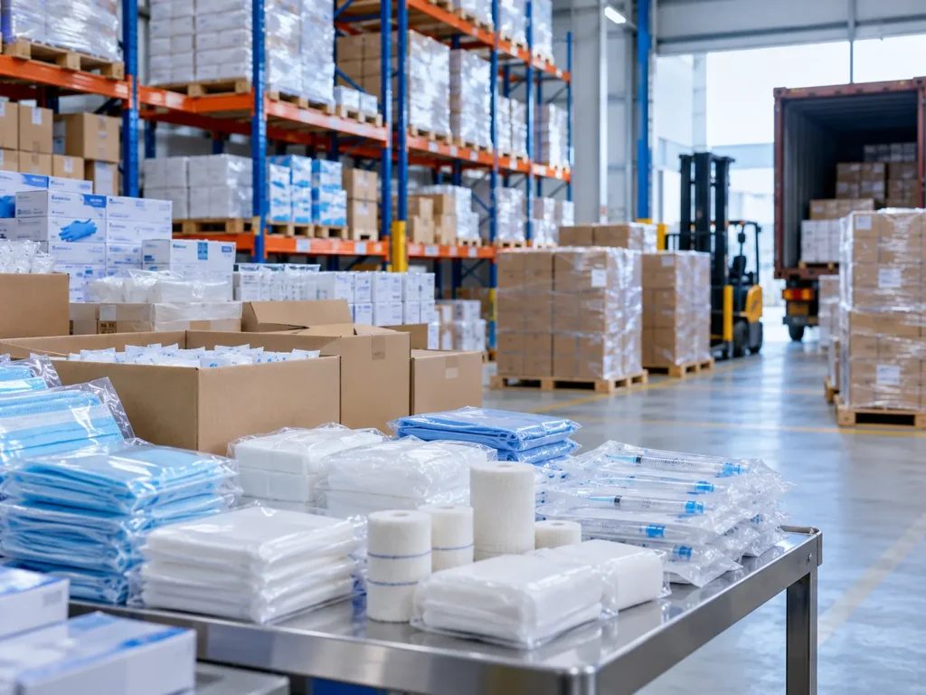 Cartons of medical supplies organized for warehouse shipping