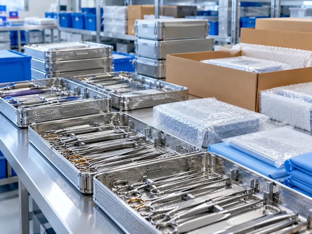 Surgical instrument trays and protective packaging organized for bulk procurement.