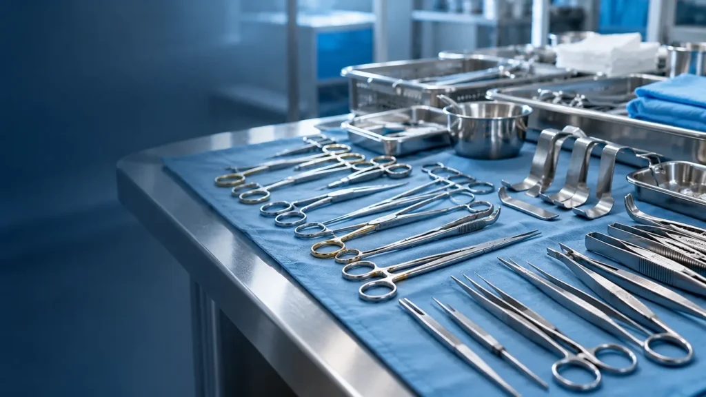 Assorted surgical instruments arranged for hospital procurement and bulk order planning