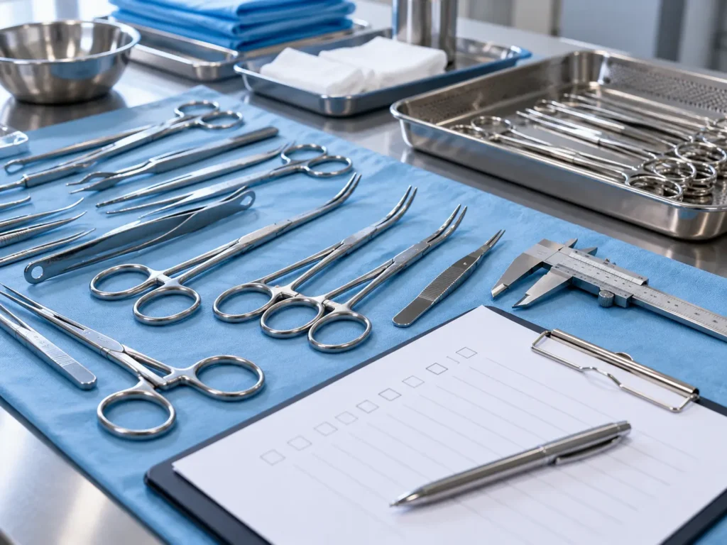Surgical forceps, scissors and needle holders arranged for specification inspection